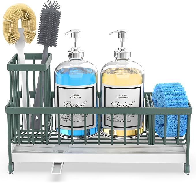 Moforoco Extra Large Sponge Holder for Kitchen Sink Organizer Caddy, Dish Brush Scrubber Holder,Stainless Steel Sink Box Utensil Holder,Soap Dispenser Set Tray Counter Accessories（Sage Green ）