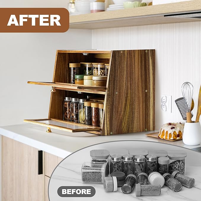 Acacia Wooden Bread Box for Kitchen Countertop,Extra Large 2 Layer Breadbox Holder Farmhouse Bread Storage Container Bread Bin Food Organizer Pantry Shelf Acrylic Window