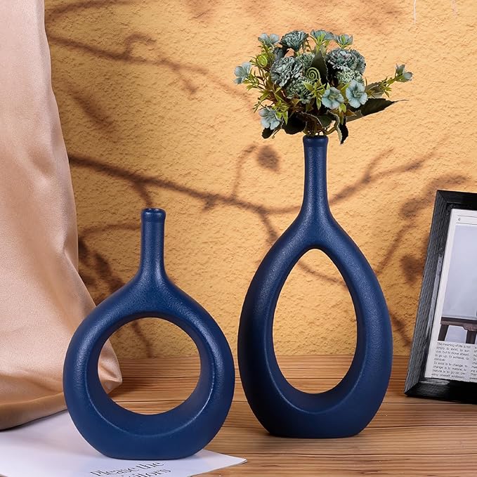 Navy Blue Ceramic Hollow Elliptical Vase Set of 2 - Boho Circle Vase with Hole, for Modern Navy Blue Table Decor, Living Room Decor Shelf mid Century Modern Home Entrance Decorative vase