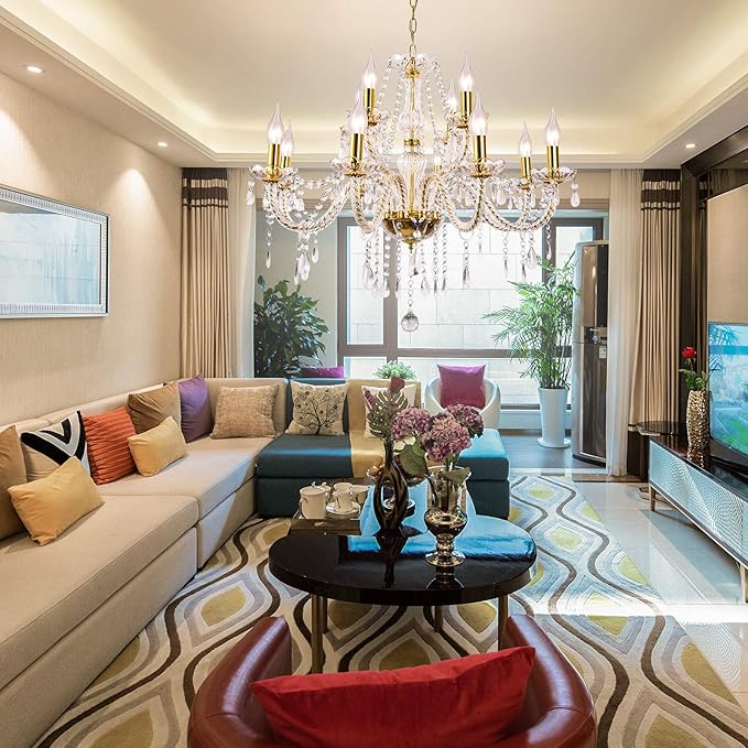 Panghuhu88 K9 Crystal Candle Chandeliers Lighting 12 Lights Pendant Ceiling Fixture Lamp for Dining Living Room Bedroom Hallway Entry Elegant Decoration (12 Bulbs)