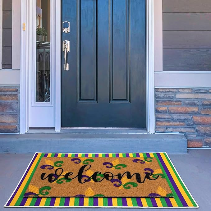 2 Pcs Door Mat Welcome Non Slip Coir Mats Floor Layering Doormats Seasonal for Front Porch Entryway Decor(Mardi Gras)