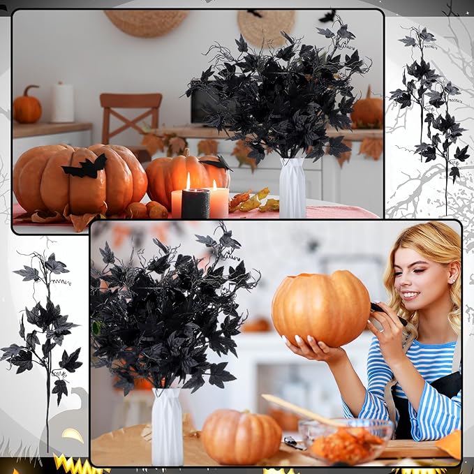 12 Pcs 19.7 Inch Artificial Halloween Flowers Decorations Black Floral Stem Leaves Picks Branches Black Gothic Halloween Table Decorations for Home Indoor Party Vase Arrangement Decor