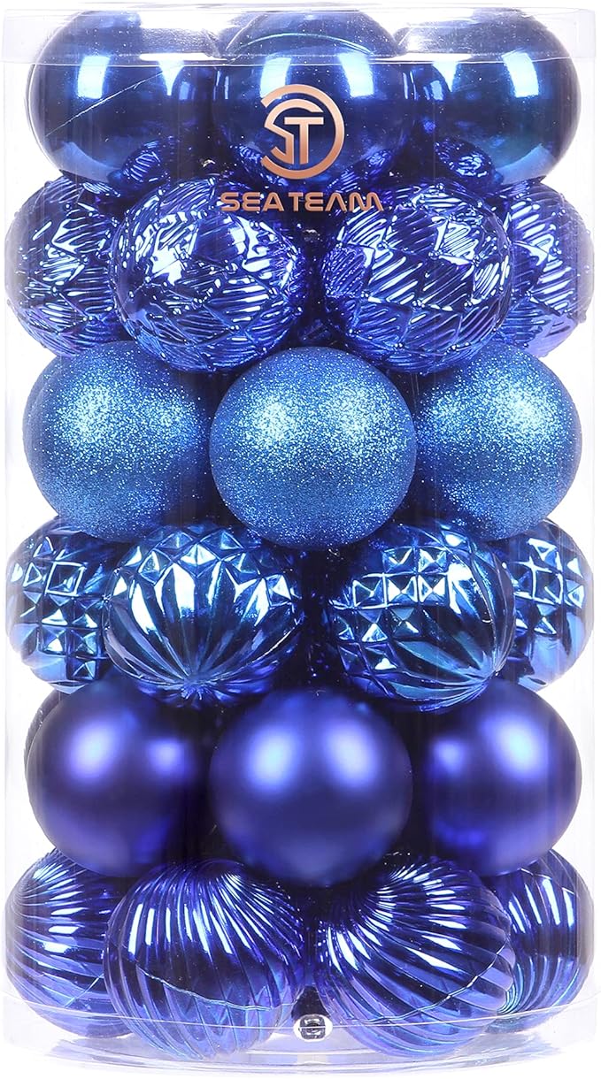 Sea Team 41 Pack Christmas Baubles with Ropes, 60mm Medium Christmas Balls, Shatterproof Plastic Christmas Bulbs, Hanging Decorations for Christmas Tree, Holiday, Wedding, Party, Blue