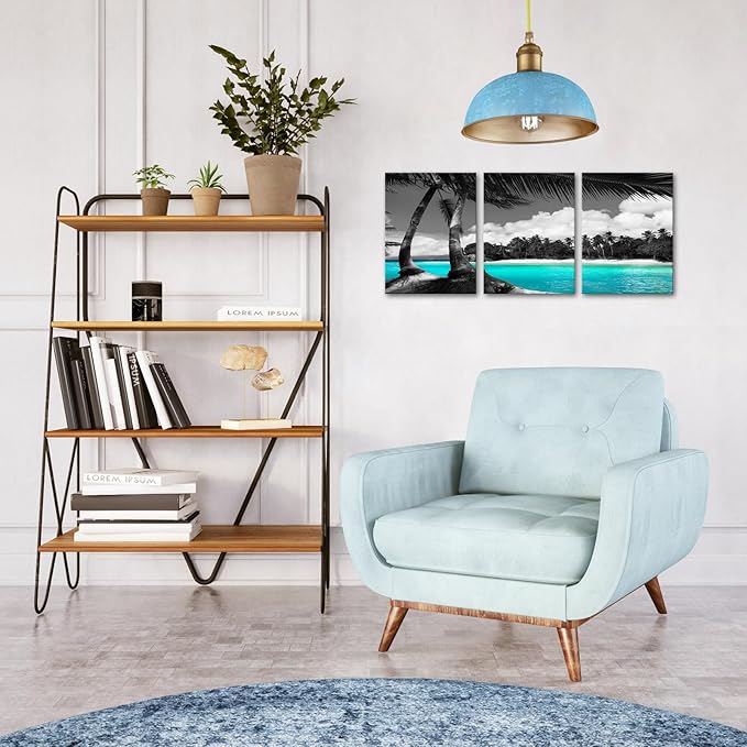SkenoArt 3 Panels Teal Canvas Wall Art Black and White Hawaii Beach Pictures Tropical Palm Tree Artwork Giclee Prints for Bathroom Office Wall Decoration Framed Ready to Hang Each Piece 12"x16"