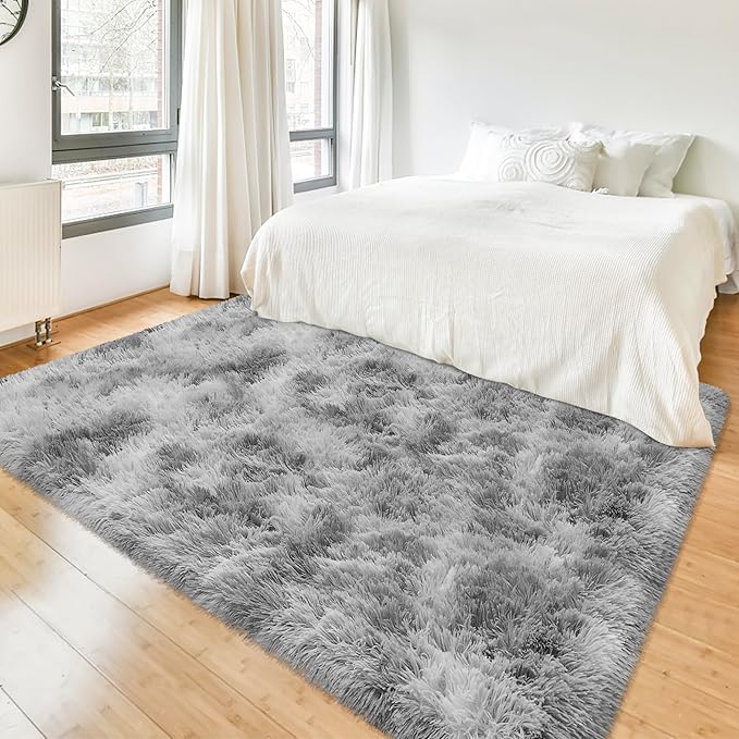 Tie Dye Grey Fluffy Rug for Bedroom 4x6ft Soft Shag Area Rug Mat Bedside Throw Rug for Living Room Kids Room Boys Teens Nursery Baby Dorm Office Home Decor Carpets
