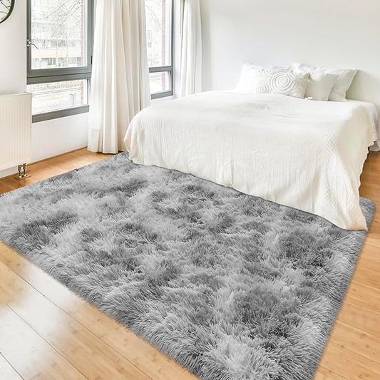 Tie Dye Grey Fluffy Rug for Bedroom 4x6ft Soft Shag Area Rug Mat Bedside Throw Rug for Living Room Kids Room Boys Teens Nursery Baby Dorm Office Home Decor Carpets