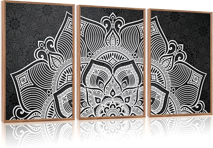 CHDITB Lotus Flower Framed Canvas Wall Art Set, Mandala Wall Decor for Yoga Room, Black and White Spiritual Wall Painting, Vintage Meditation Art Prints for Zen Living Room, Bedroom, Office 16"x24"x3