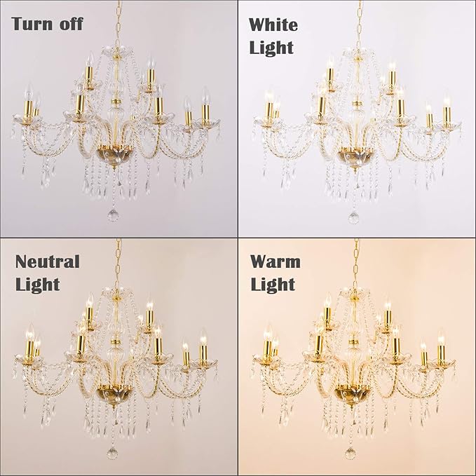 Panghuhu88 K9 Crystal Candle Chandeliers Lighting 12 Lights Pendant Ceiling Fixture Lamp for Dining Living Room Bedroom Hallway Entry Elegant Decoration (12 Bulbs)