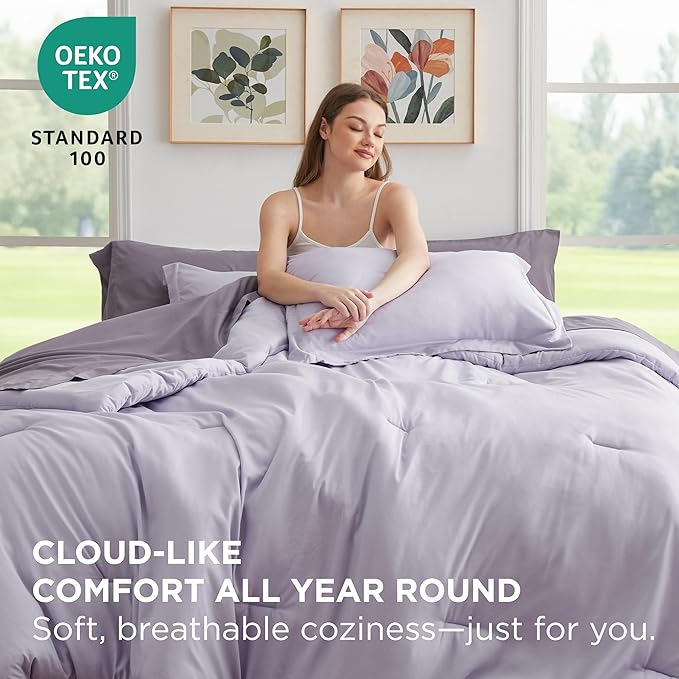 Bedsure Full Size Comforter Set - 7 Pieces Lavender Full Bedding Set for All Seasons, Boho Contrasting Design Bed in a Bag with Comforter, Sheets, Pillowcases & Shams