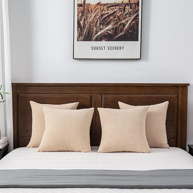GAWAMAY Decorative Square Throw Pillow Covers 18"x18" Inch Set of 4, Super Soft Chenille Pillows Farmhouse Fall Pillowcase for Living Room Bedroom Sofa Couch Cushion Cover Beige 45x45cm (No Insert)