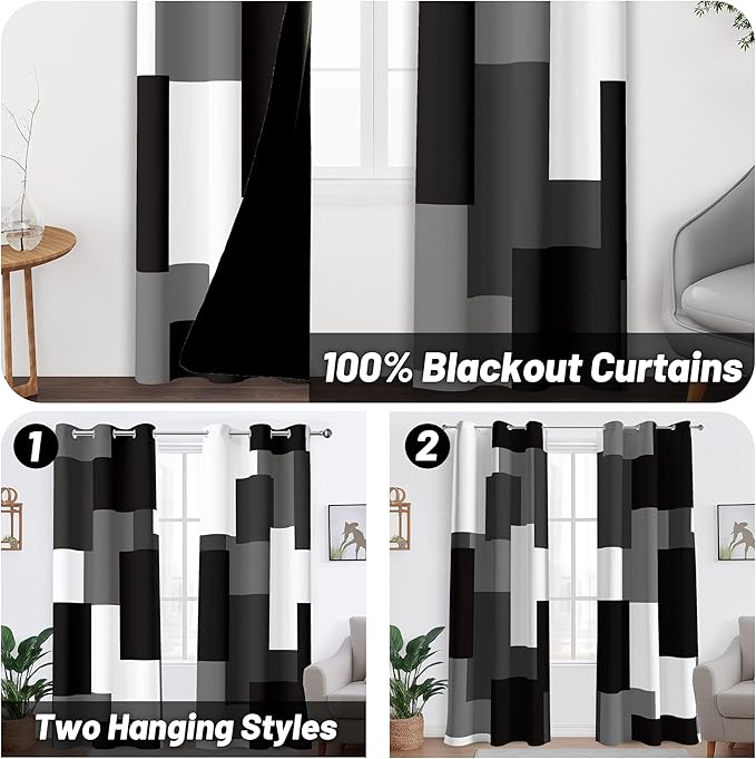 Black Grey 100% Blackout Curtains for Bedroom 72 inch Length 2 Panels Set White Grey Modern Abstract Geometric Black Out Curtains Insulated Room Darkening Window Drapes for Living Room, 42Wx72L