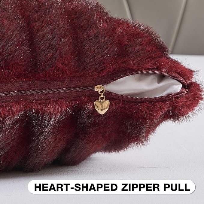 FUTEI Burgundy Decorative Throw Pillow Covers 22x22 Inch Set of 2,Soft Fluffy Faux Mink Fur Dyeing Striped Textured Cushion Case,Modern Home Decor for Couch Bed Living Room