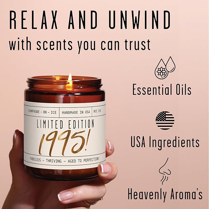 30th Birthday Gifts for Women - 'Limited Edition 1995' Soy Candle, w/Champagne on Ice I 1995 30th Birthday Gifts for Her I 9oz Reusable Jar, 50Hr Burn, Made in USA