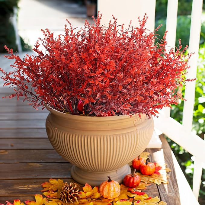RECUTMS Artificial Fall Flowers Bulk Fall Lavender Fake Plants Artificial Greenery Faux Plants Outdoor Deals 36 Bundles Faux Autumn Plant Fake Shrubs for Indoor Bookshelf Yard Decorations (Wine Red)