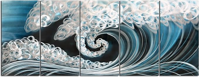 Yihui Arts Handcrafted 3D Metal Wall Art - Ocean Wave Sculpture, 5 - Panel Aluminum Decor for Living Room, Bedroom & Office