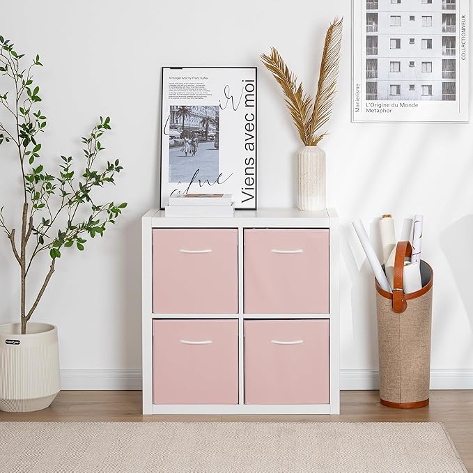 StorageWorks Pink Storage Cubes, 13x13 Storage Cube Bins with Handle, Cube Storage Organizer Bins for Shelves and Closet, Collapsible Storage Bins, 4-Pack