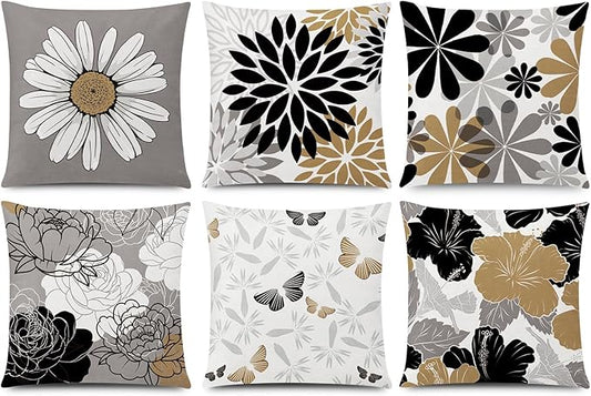 Brown Black Pillow Covers 16x16 Set of 6, Daisy Flower Throw Pillow Cover Case Rustic Square Cushion Cover for Sofa Bedroom Living Room Farmhouse Home Decor