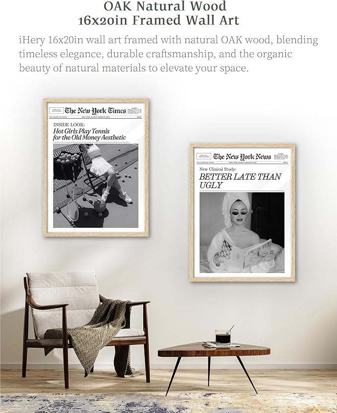 iHery Natural OAK Wood Trendy Retro Newspaper Headline Framed Wall Art, Large 16x20 in Better Late Than Ugly Vintage Bedroom Canvas Wall Art,Beige Preppy Funky Bathroom Living Room Decor Set of 1