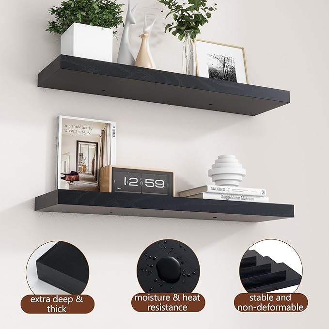 fuqing 30 Inch Floating Shelves for Wall, Black Wood Floating Shelves for Wall Set of 2, 30'' Long Wooden Wall Shelves for Living Room Bedroom Bathroom Home Office - Black
