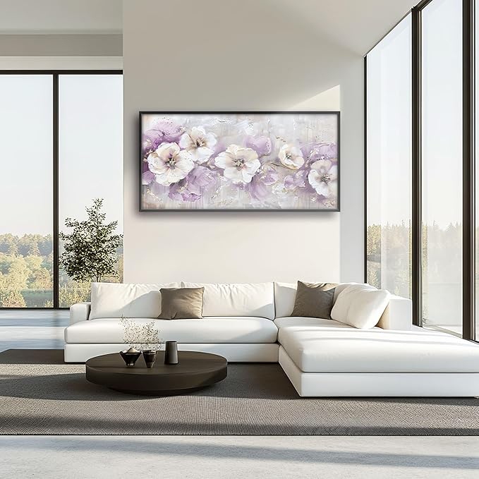 Large Wall Art for Living Room Framed, Purple Flower Wall Decor Pictures, Abstract Floral Canvas Print Painting, Aesthetic Artwork Bedroom Office Home Decor 60"x30"