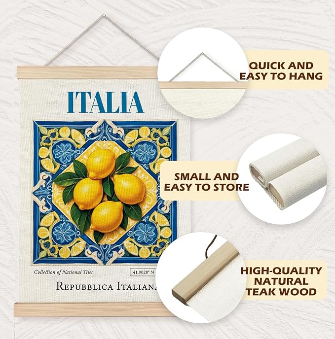 Yomisex Italia Tile Lemon Wall Art Poster, Traditional Republica Italiana Ceramic Tiles Lemons Aesthetic Canvas Prints Wall Art Framed for Home Kitchen Dining Room Decor, 12x16 Inch