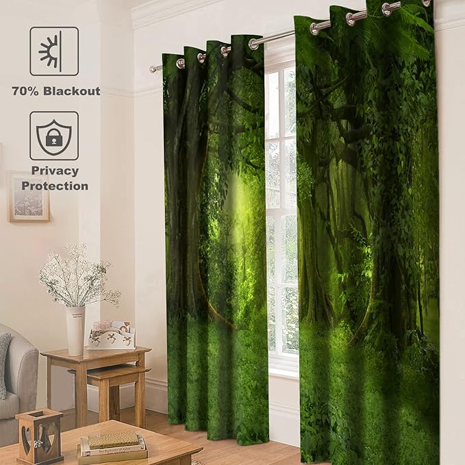 Jekeno Forest Blackout Curtains Tropical Jungle Green Trees Foliage in The Woodland Himalayas Landscape Nature Decor for Bedroom Living Room Grommet Window Drapes 2 Panel Set, 52"x63"