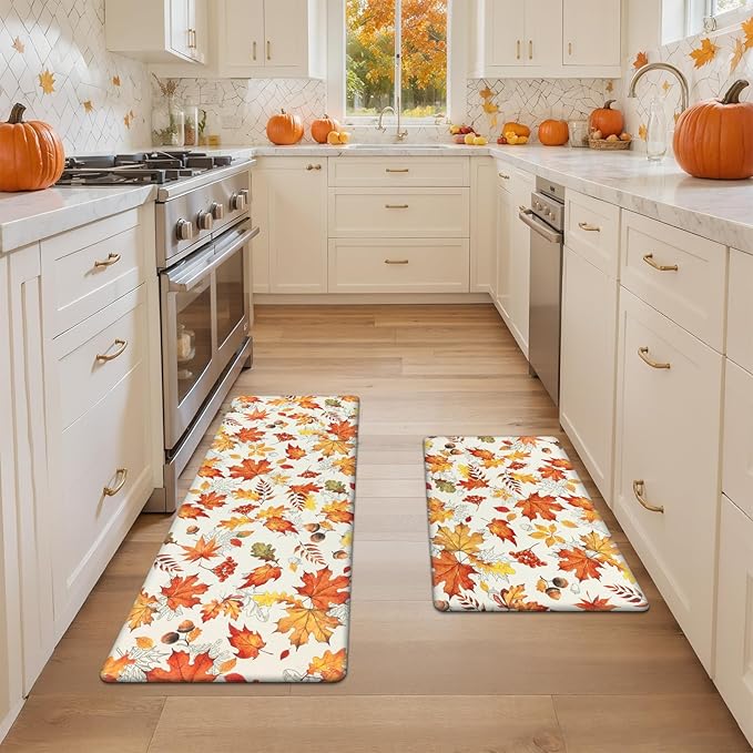 SHACOS Fall Anti Fatigue Kitchen Mats 2 Pcs Orange Maple Leaves Acorn Nuts Autumn Non Slip Cushioned Floor Mat for Kitchen Ergonomic Standing Mats Home Decor, 17x27.5+17x47, Maple & Acorn