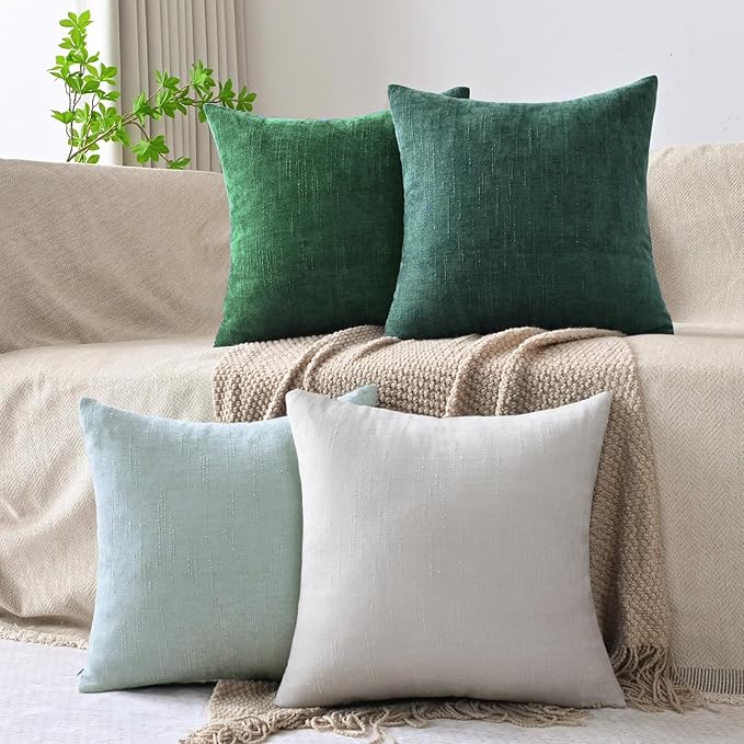 Set of 4 Soft Textured Decorative Throw Pillow Covers 18x18 Inch Cozy Farmhouse Cushion Cover Square Accent Pillow Cases for Bed Couch Sofa Living Room, White Aqua Green