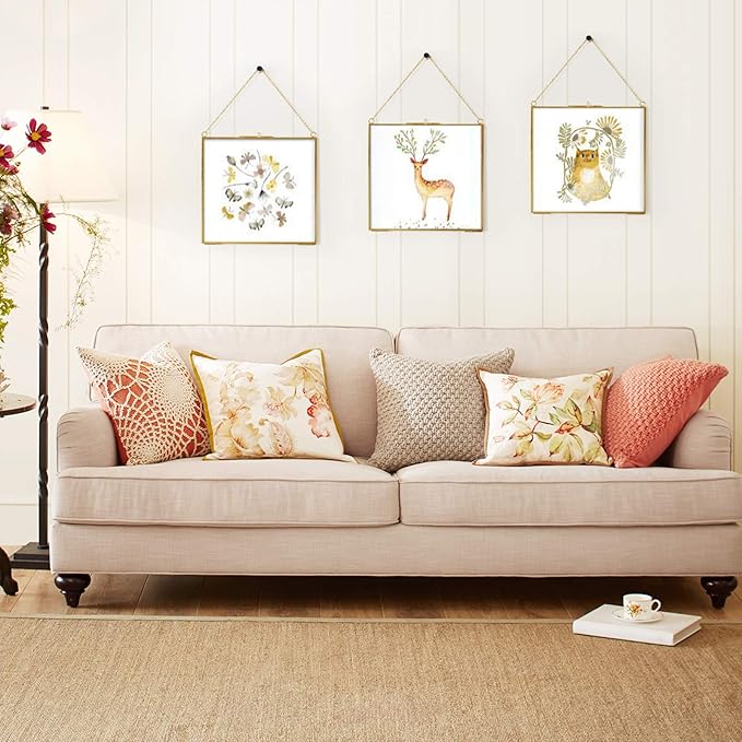 TLBTEK 8x8 inch Brass Hanging Photo Frame,Double Glass Frame for Pressed Flowers,Clear DIY Vintage Artwork Display Frame Wall Mounted Photos Frame