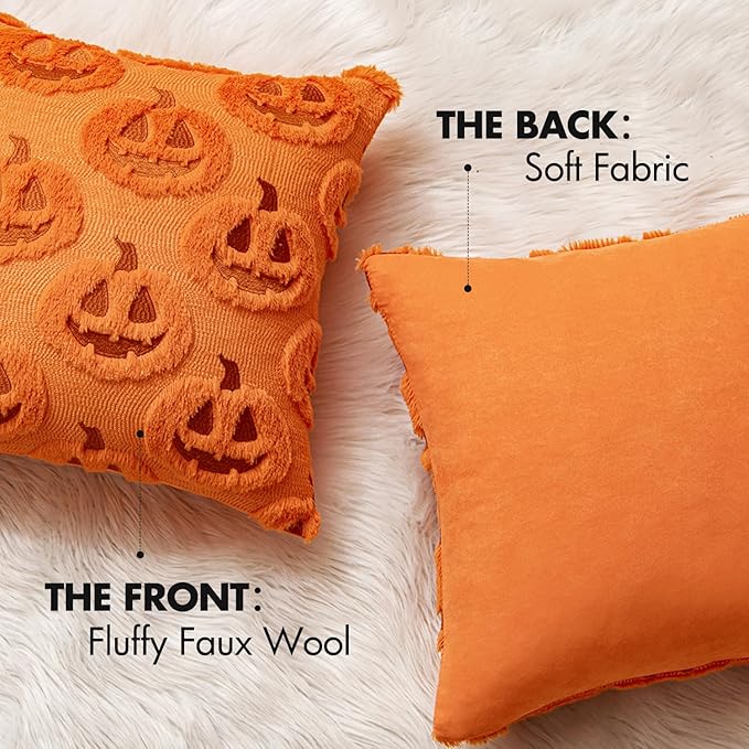 MIULEE Fall Halloween Throw Pillow Covers 18x18 Decorative Pumpkin Pattern Pillowcases Soft Plush Faux Wool Cushions for Home Patio Sofa Couch,Orange