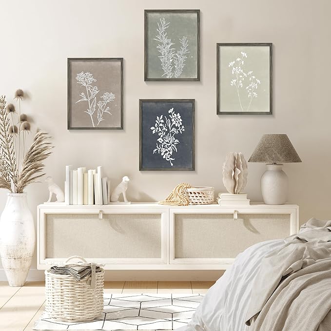Heiple Framed Wall Art Set of 4 for Boho Home decor Botanical Print Wall Art for Rustic Vintage Farmhouse Wall Decor for Living Room (Grey, 8x10)