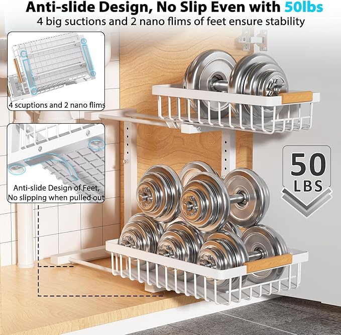 Under Sink Organizer 2 pack, 2 Tier Slide Out Under Sink Organizers And Storage, Height Adjustable Pull Out Cabinet Drawers, Kithcen Bathroom Metal Storage Caddy Shelf, White