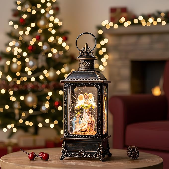 Christmas Snow Globe Swirling Glittering Angel & Nativity Scene with Music, USB Lined/Battery Operated Lighted Water Lantern for Christmas Festival Decoration Gifts