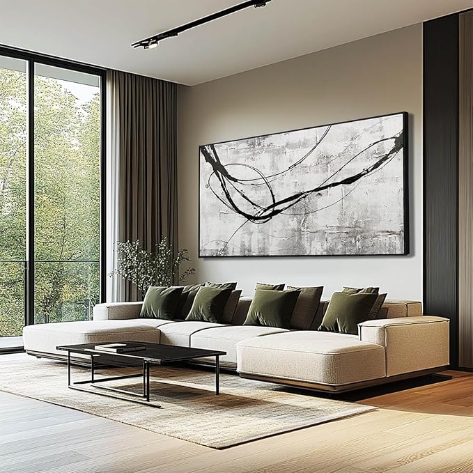 XIANSHOU Black Line Canvas Pictures Gray Decorative Painting 29"x58" Wood Wall Art Modern Art Prints Abstract Wall Art for Living Room Wall Pictures for Bedroom