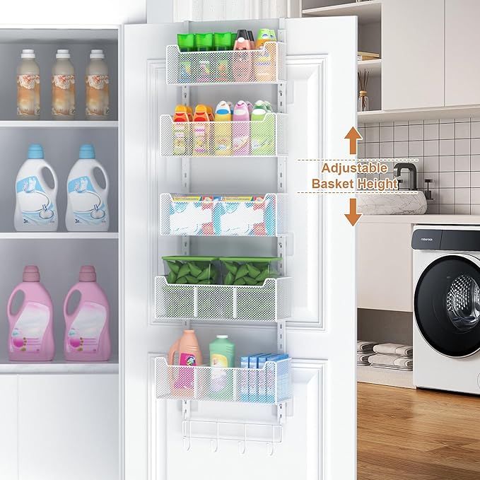 Over The Door Organizer, Metal Door Organizer Hanging with 5 Adjustable Baskets and Coat Hook, Behind The Door Storage for Bedroom Closet Bathroom Pantry Cabinet Kitchen, White