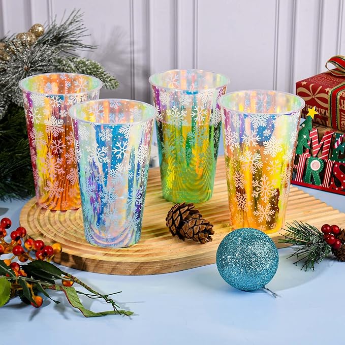 25 Winter Plastic Cups Iridescent Snowflake Party Cups 16oz Frozen Shiny Snowflakes Disposable Drinking Cups for Birthday Wedding New Year Holiday Party Supplies (16oz)