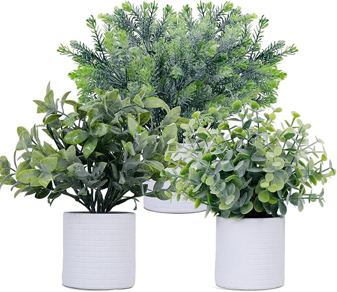 FGSAEOR Mini Potted Fake Plants, Small Artificial Greenery Realistic Plants Topiaries, Low Maintenance, for Home Office Shelf Desk Farmhouse Room Coffee Table Decor (3-Pack) (Grey)