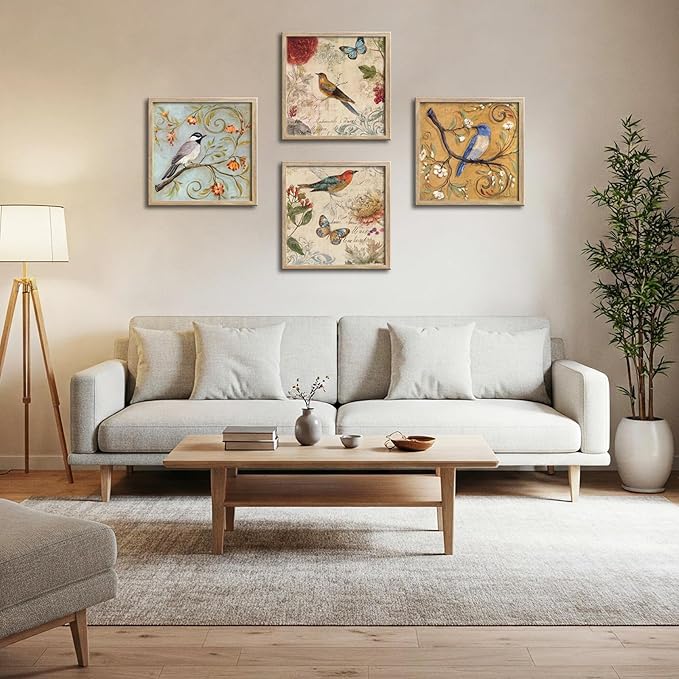 Large Framed Flowers Birds Canvas Wall Art for Bedroom Floral Wall Decor Butterfly Picture Artwork Vintage Prints Paintings for Living Room Bathroom Kitchen Decorations 16"x16"