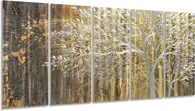 Yihui Arts Gold Metal Wall Art Handcrafted Tree on Aluminum Artwork Modern Forest Pictures with 3D for Living Room Bedroom Kitchen Decor