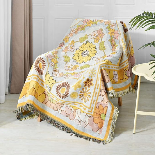 Boho Throw Blanket Reversible Cotton Bohemian Tapestry Hippie Room Decor Outdoor Blanket Double Sided (Boho Yellow Flower 50"x60")