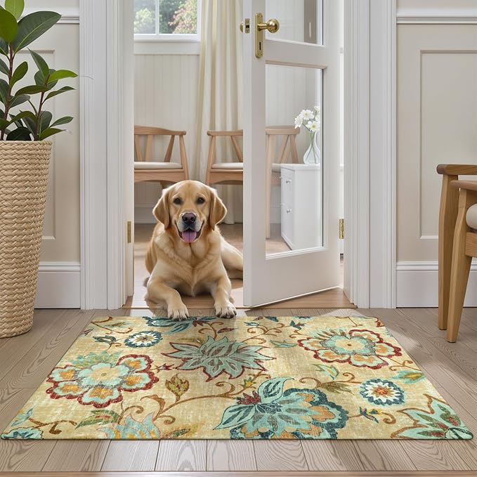 Lahome Floral Entryway Rug - 2x3 Small Throw Bedroom Rugs Non-Slip Washable Kitchen Rugs Beige Paisley Print Bathroom Mat Accent Distressed Doormat Floor Carpet for Laundry Room Living Room Office