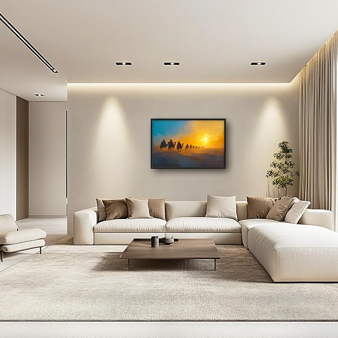 Flintis Large Desert Camel Framed Wall Art Sunset Camels Pictures Wall Decor Abstract Natural Landscape Canvas Painting Print Artworks Framed for Living Room Bathroom Master Bedroom 36L X 24W