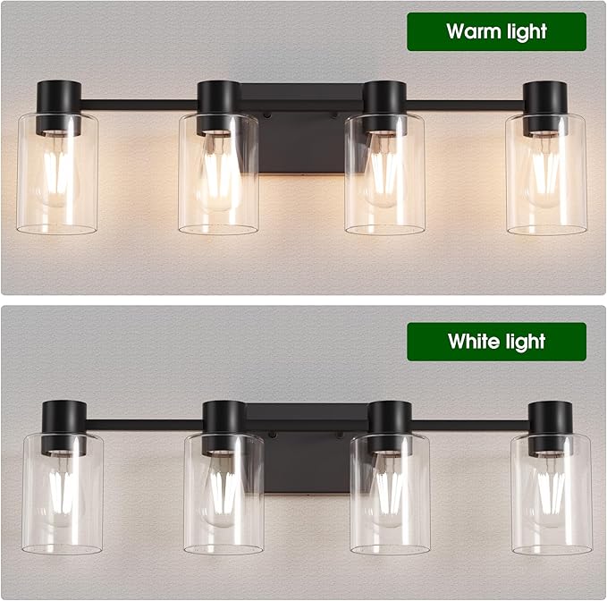 4-Light Modern Vanity Light Fixtures Over Mirror, Matte Black Bathroom Light Fixtures, Vanity Lights, Wall Sconce with Clear Glass Shade for Bathroom, E26 Base