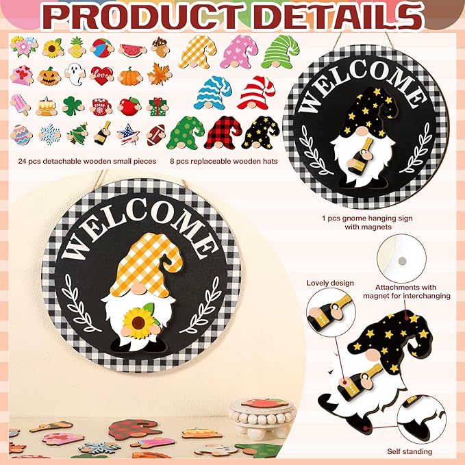 Qunclay Interchangeable Wooden Gnome Decor Holiday Seasonal Gnome Decorations with Magnet Pieces and Detachable Hats Changeable Welcome Sign for Home(Stylish)