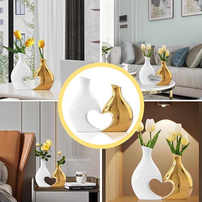 White and Gold Vases Set of 2, Modern Vases Home Decor, Gold Ceramic Decor Heart Shaped Vase, Pretty vases for Flowers, Decorative vase Table Centerpieces