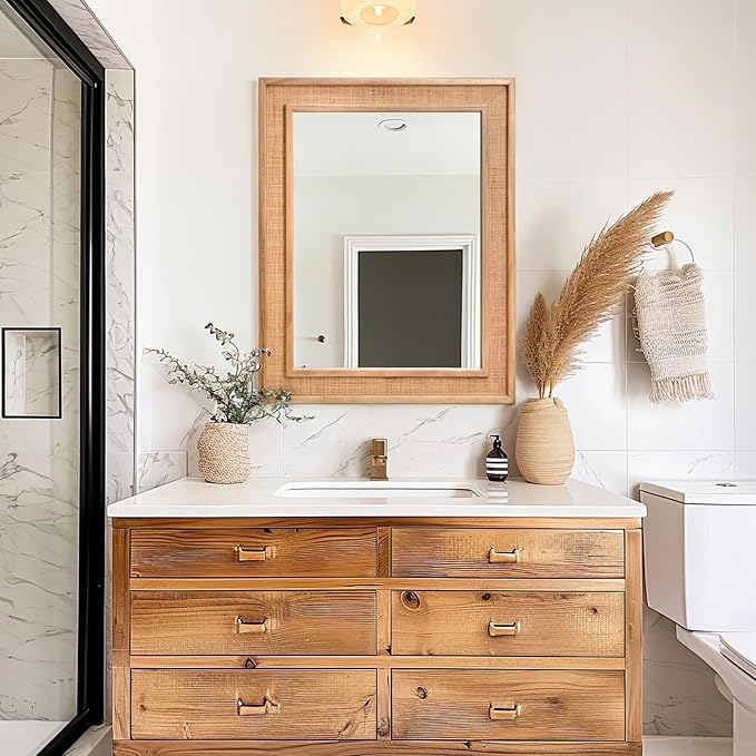 Rattan Wall Mounted Mirror 24"x32" Wood Framed Farmhouse Hanging Bathroom Mirror Decorative Rectangle Wall Mirror Leaning Against for Bedroom Living Room