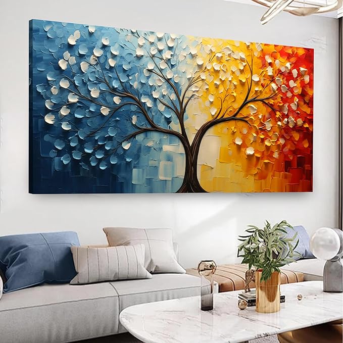 Colorful Tree of Life Wall Art for Living Room Blue and Orange Tree Picture Large Artwork Office Bedroom Canvas Prints Size 24x48