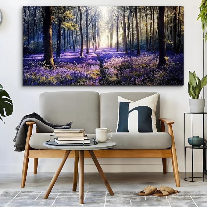 crmotu Nature Landscape Large Wall Art, Lavender Forest Nature Canvas Painting, Sunshine Scenery Aesthetic Art Prints, Purple Floral Wall Pictures for Living Room Bedroom Home Office 30X60 Inches