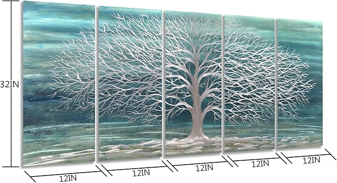 Yihui Arts Large Metal Wall Art Handcrafted Aesthetic Tree Pictures on Aluminum 5 Panels Teal and Silver Abstract Landscpae Artwork for Living Room Bedroom Dinning Decor
