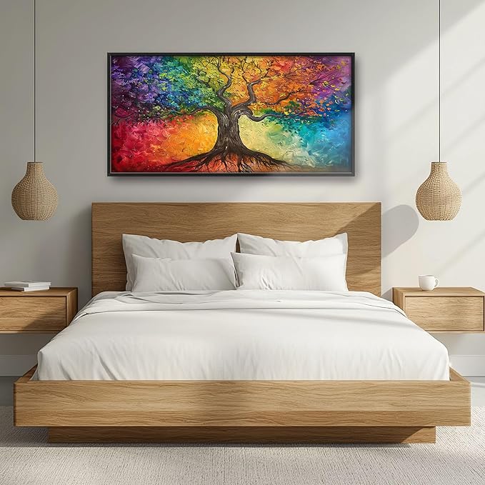 Colorful Tree Large Wall Art for Living Room Framed, Tree of Life Wall Decor Pictures, Canvas Print Painting, Aesthetic Artwork Bedroom Office Home Decor 60"x30"